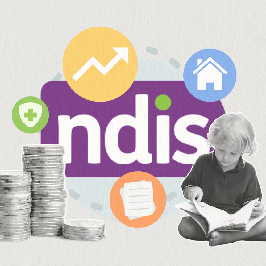 Illustration of the NDIS logo with coins, funding and daily-life icons, and a young child reading