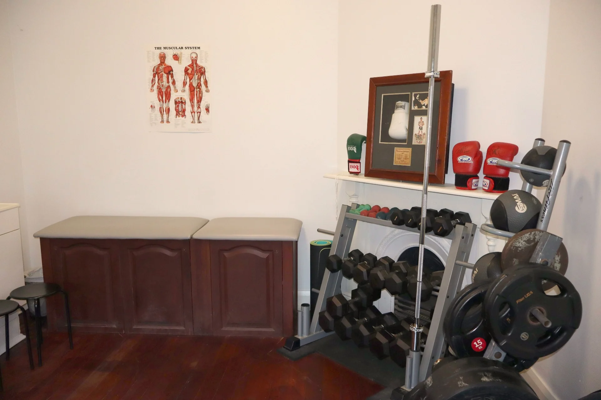 Strength area of the Square One physio gym with dumbbell rack, weight plates, barbell and treatment plinth