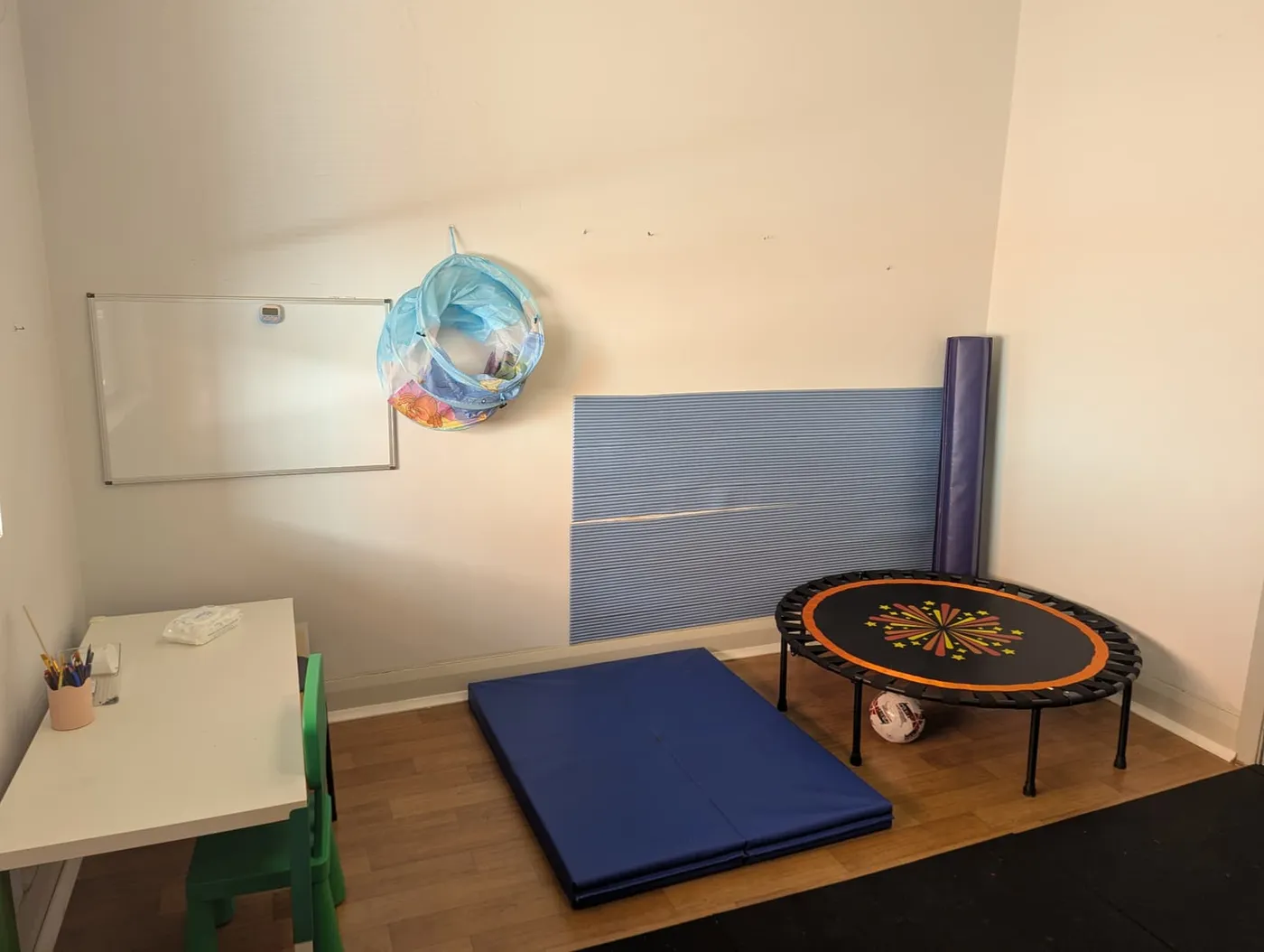 Motor skills room with trampoline, mats and work table