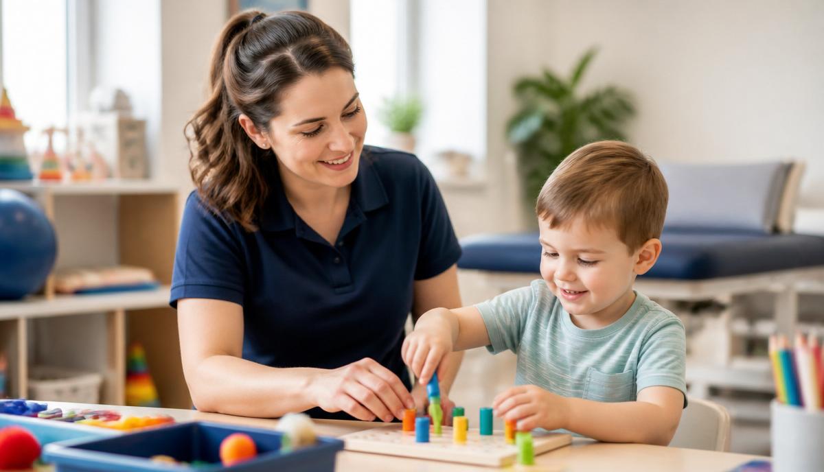 A paediatric occupational therapist supporting a young child with a fine motor activity in a bright clinic